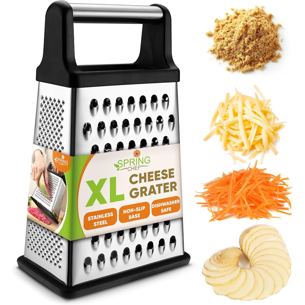 Spring Chef Professional Cheese Grater - Stainless Steel, Xl Size, 4 Sides - Perfect Box Grater For Parmesan Cheese, Vegetables, Ginger - Dishwasher Safe - Black