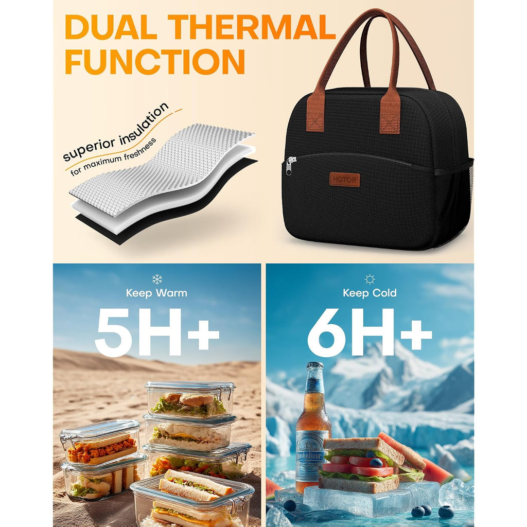 Hotor Lunch Bag For Women & Men - Wear-Resistant Insulated Lunch Box With Large Capacity, Multi-Functional Cooler Bag For Office, Picnic, Black, 10L,10.60" X 5.90" X 9.50"