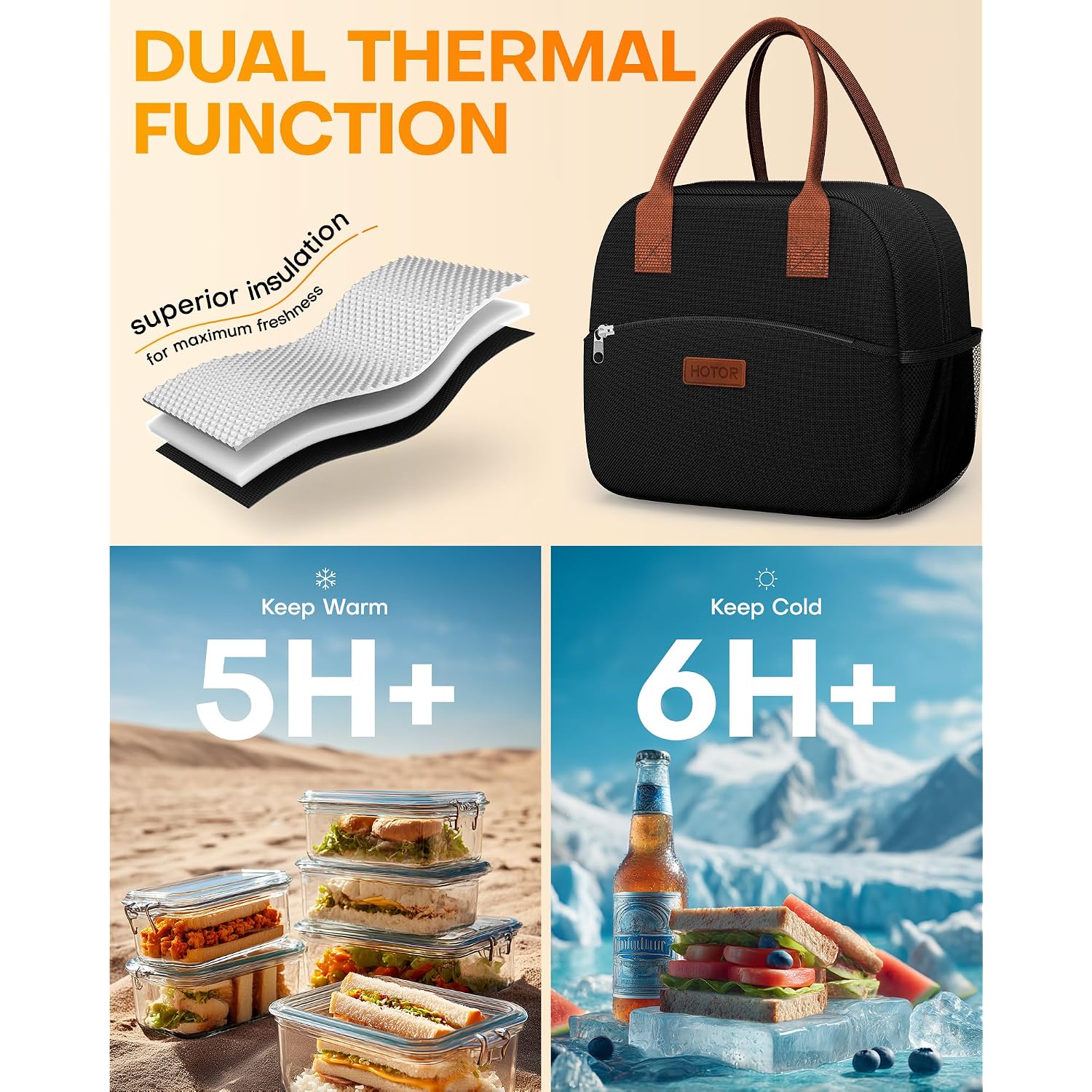 Hotor Lunch Bag For Women & Men - Wear-Resistant Insulated Lunch Box With Large Capacity, Multi-Functional Cooler Bag For Office, Picnic, Black, 10L,10.60" X 5.90" X 9.50"