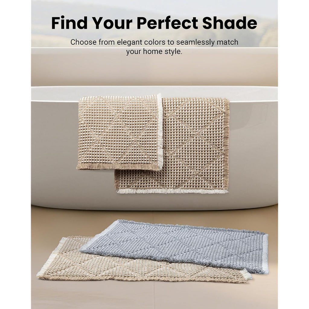 Waffle Bath Mat Set, Non Slip Bathroom Rugs Sets 2 Piece, Ultra Absorbent Long Bath Rug Runner For Bathroom Boho Chic Decor, Machine Washable Floor Mats, Brown & White, 20"×47" Plus 18"×30"