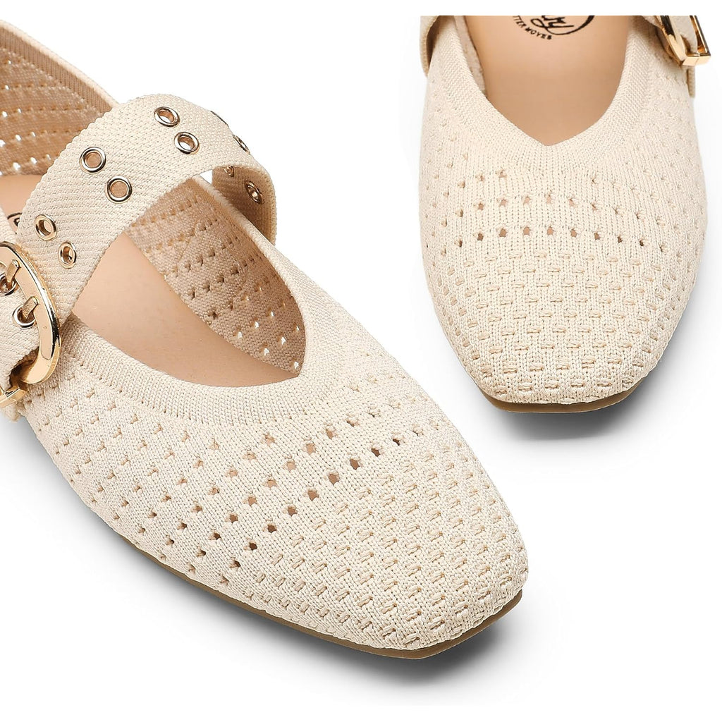 Trary Knit Flats for Women Square Toe Ballet Flats with Buckle Straps Mary Jane Shoes Women Comfortable Casual Dress Shoes for Work Daily Wear