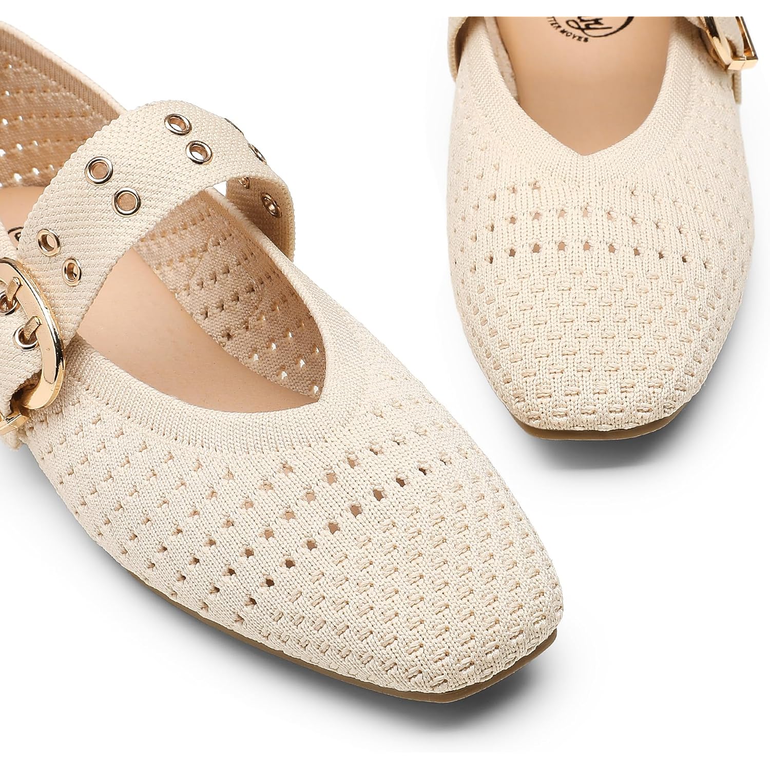 Trary Knit Flats for Women Square Toe Ballet Flats with Buckle Straps Mary Jane Shoes Women Comfortable Casual Dress Shoes for Work Daily Wear