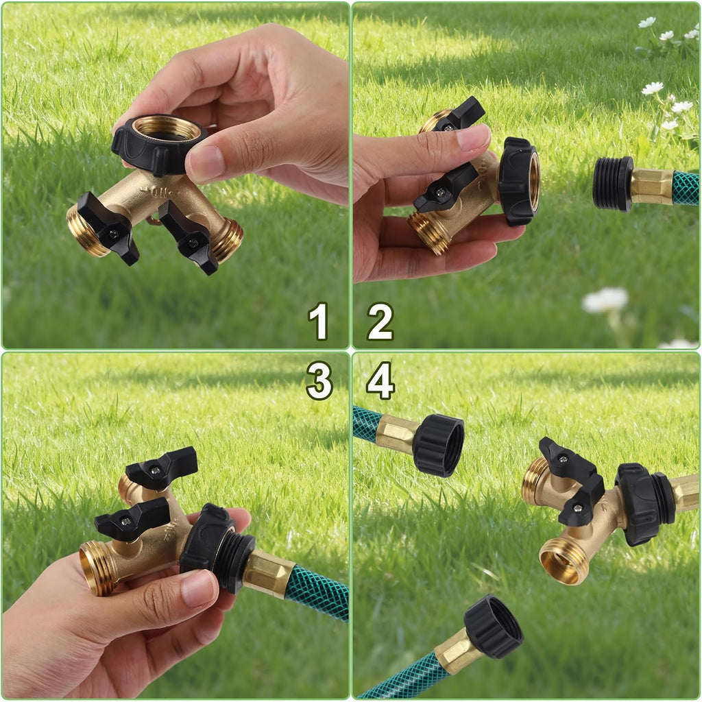 Biswing Garden Hose Splitter 2 Way, Heavy Duty Brass Connector Tap Splitter, Y Splitter 2 Valves With 2 Extra Rubber Washers
