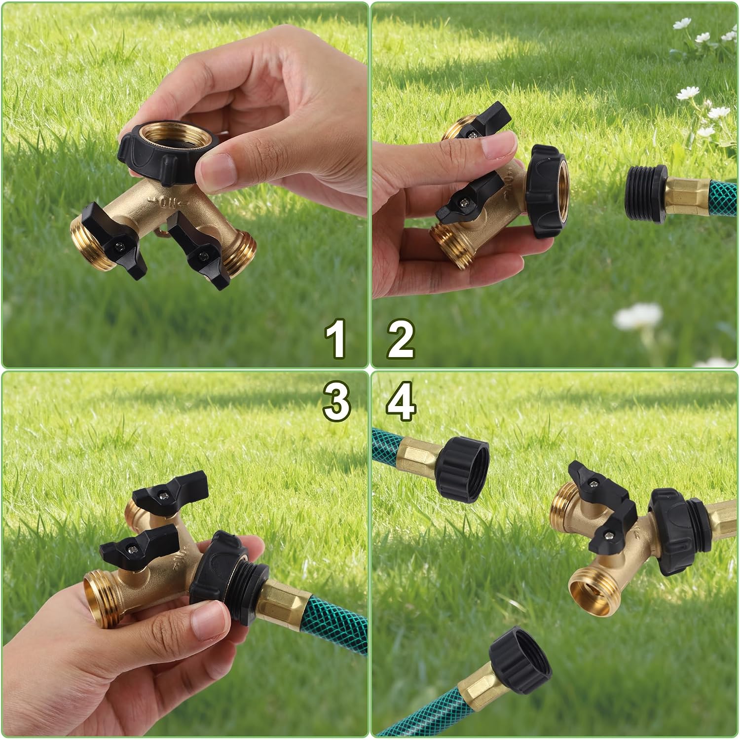 Biswing Garden Hose Splitter 2 Way, Heavy Duty Brass Connector Tap Splitter, Y Splitter 2 Valves With 2 Extra Rubber Washers