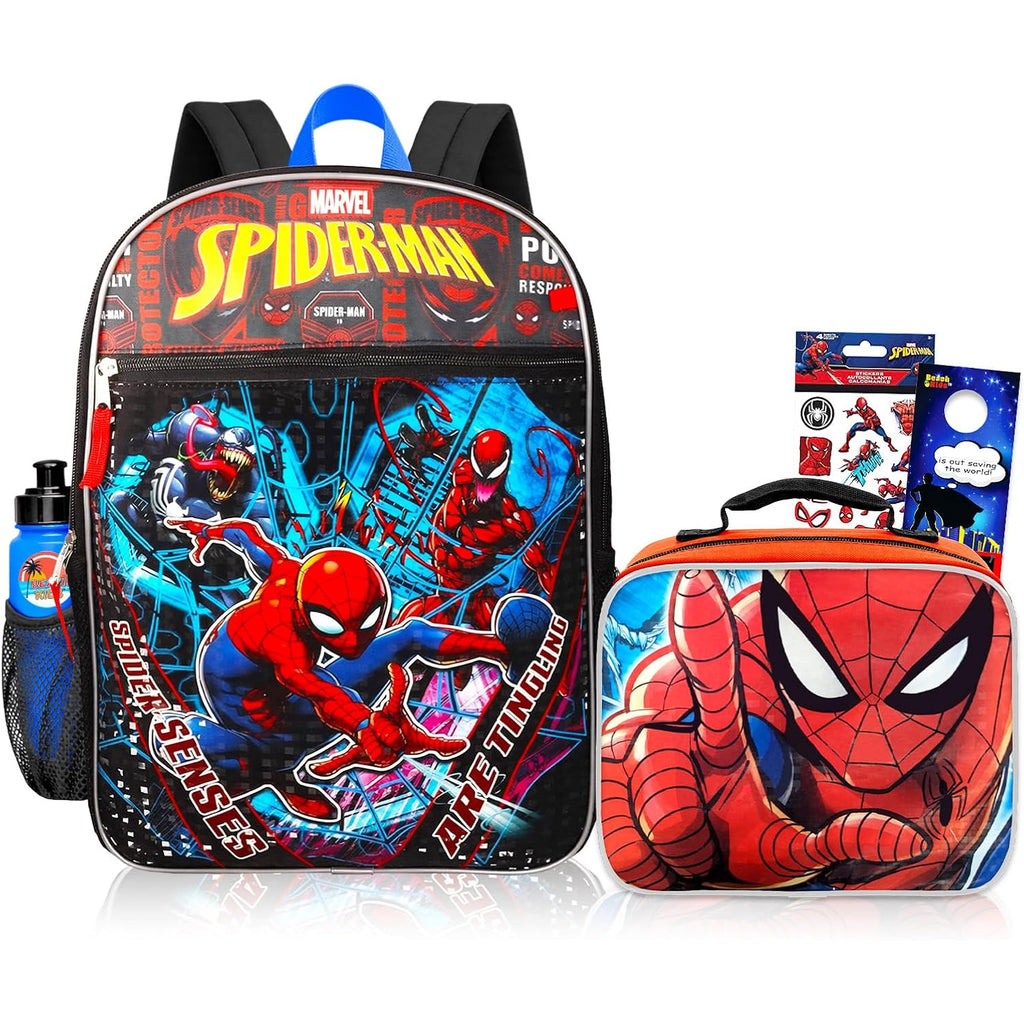 Spider-Man Backpack With Lunchbox Set For Boys School Bundle, More | 16In Large Durable Spider Man Bookbag W/ Insulated Lunch Box Plus Water Bottle, Stickers, More - Spiderman School Supplies