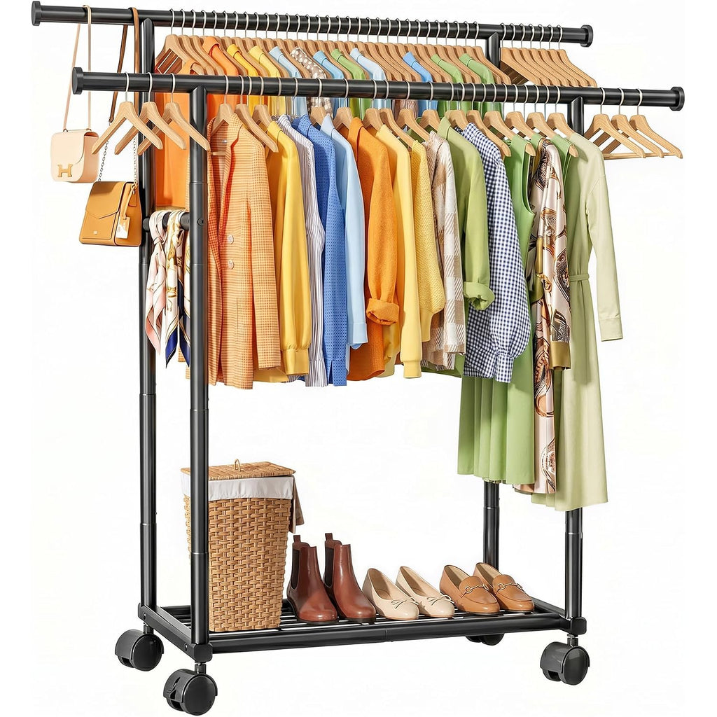 Double Rods Clothes Rack - Metal Clothing Rack With Fixed Double Rods, Rolling Wheels & Built-In Shelf For Closet, Bedroom, Laundry Storage (39" X 17" X 60", Black)