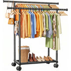 Double Rods Clothes Rack - Metal Clothing Rack With Fixed Double Rods, Rolling Wheels & Built-In Shelf For Closet, Bedroom, Laundry Storage (39" X 17" X 60", Black)