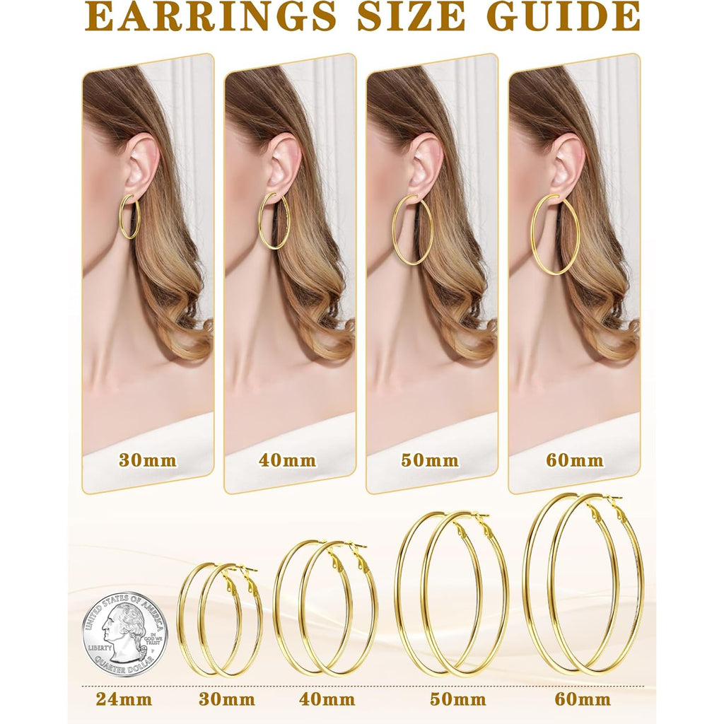 4 Pairs Silver Gold Hoop Earrings for Women 30/40/50/60 mm Stainless Steel 14K Gold Plated Hoop Earrings Hypoallergenic Big Thin Lightweight Dangle Set
