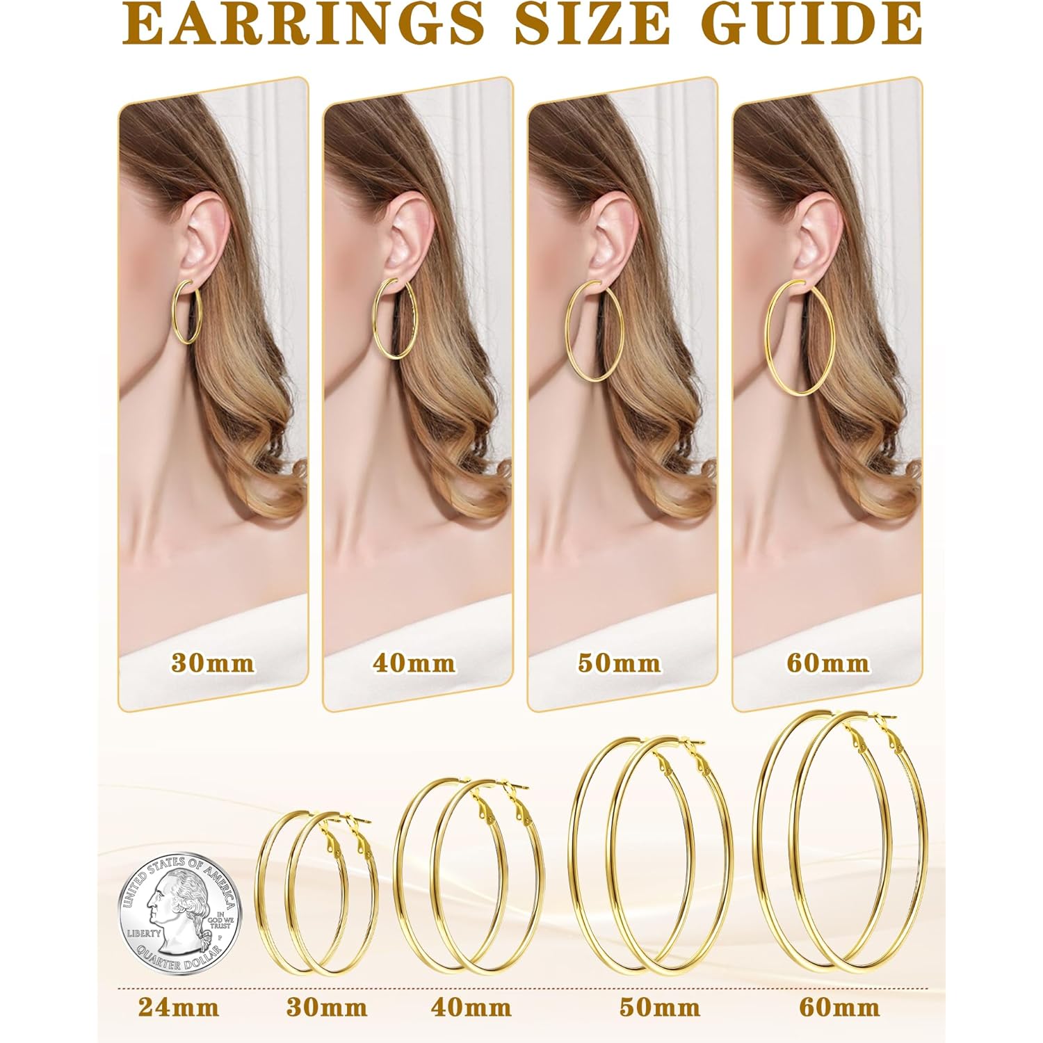 4 Pairs Silver Gold Hoop Earrings for Women 30/40/50/60 mm Stainless Steel 14K Gold Plated Hoop Earrings Hypoallergenic Big Thin Lightweight Dangle Set