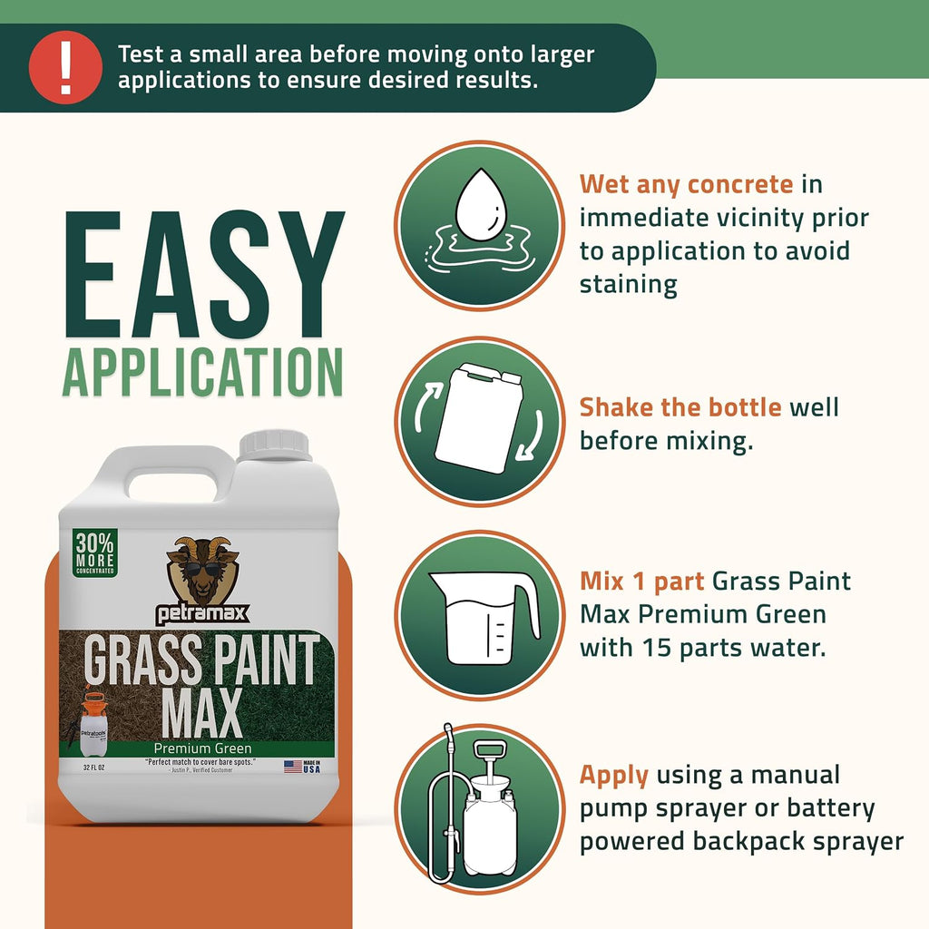 Petramax Green Grass Paint For Lawn Dye - Maintain Turf Or Green Grass, Spray Paint For Lawn & Shrubs Easy Spray, Pairs W/Petra Sprayer - Touch Up Dog Spots - Pet Safe (Premium, 32 Oz)