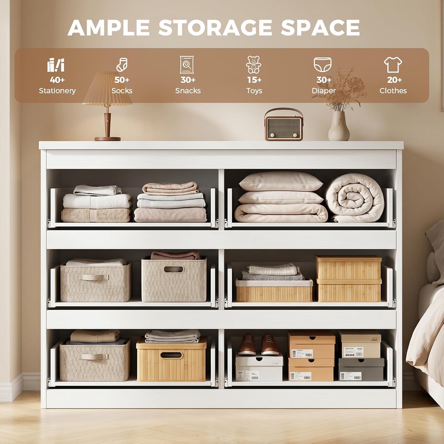 6 Drawer Double Dresser For Bedroom, Modern Simply Chest Of Drawers, Wood Storage Dresser With Anti-Tipping For Living Room Hallway Entryway, Nursy White (15.3" D X 47.2" W X 32.3" H)