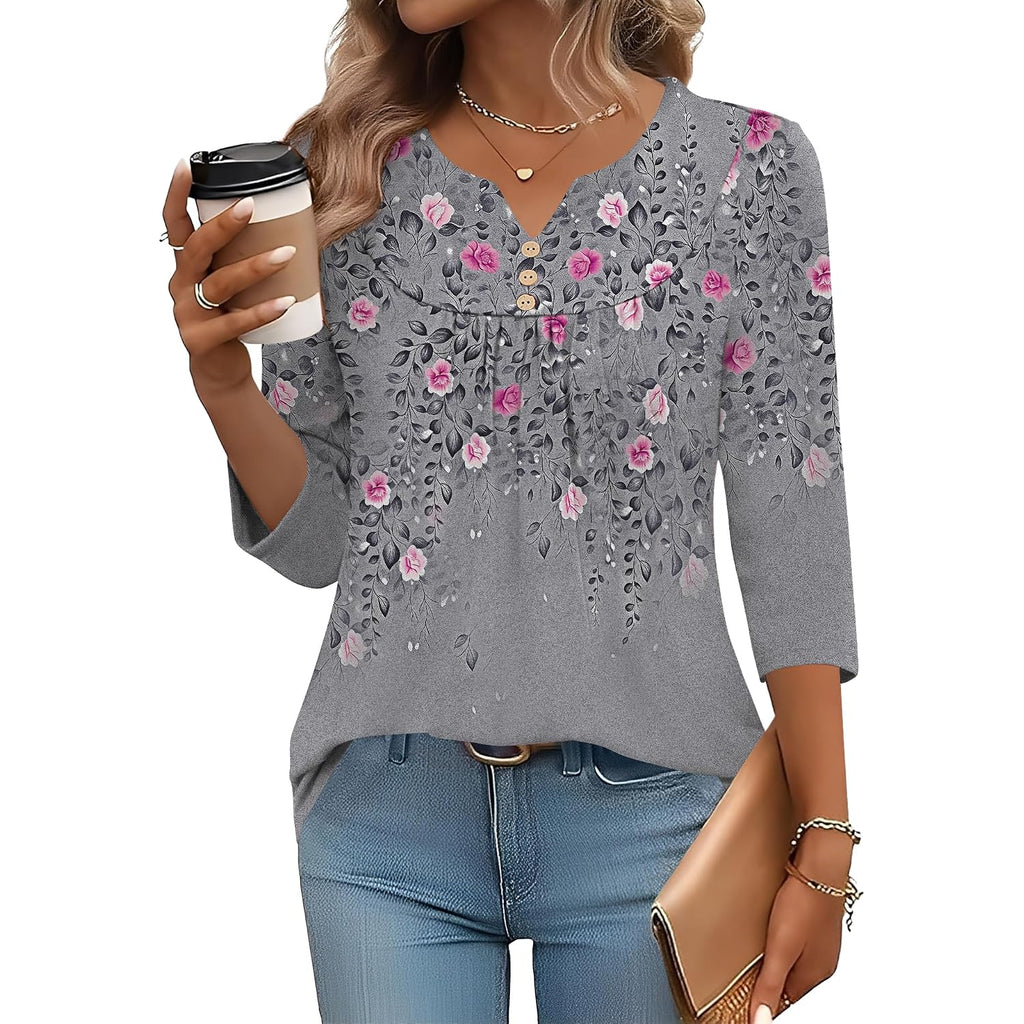 Lomon 3/4 Length Sleeve Womens Tops Dressy Casual Henley V Neck Blouses Loose Fit Tunics 2026 Trendy Summer Outfits