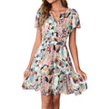 Simplee Women 2026 Floral Summer Short Dress Short Sleeves V Neck Chiffon A-Line Casual Flowy Boho Mini Dresses