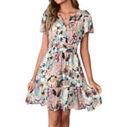 Simplee Women 2026 Floral Summer Short Dress Short Sleeves V Neck Chiffon A-Line Casual Flowy Boho Mini Dresses