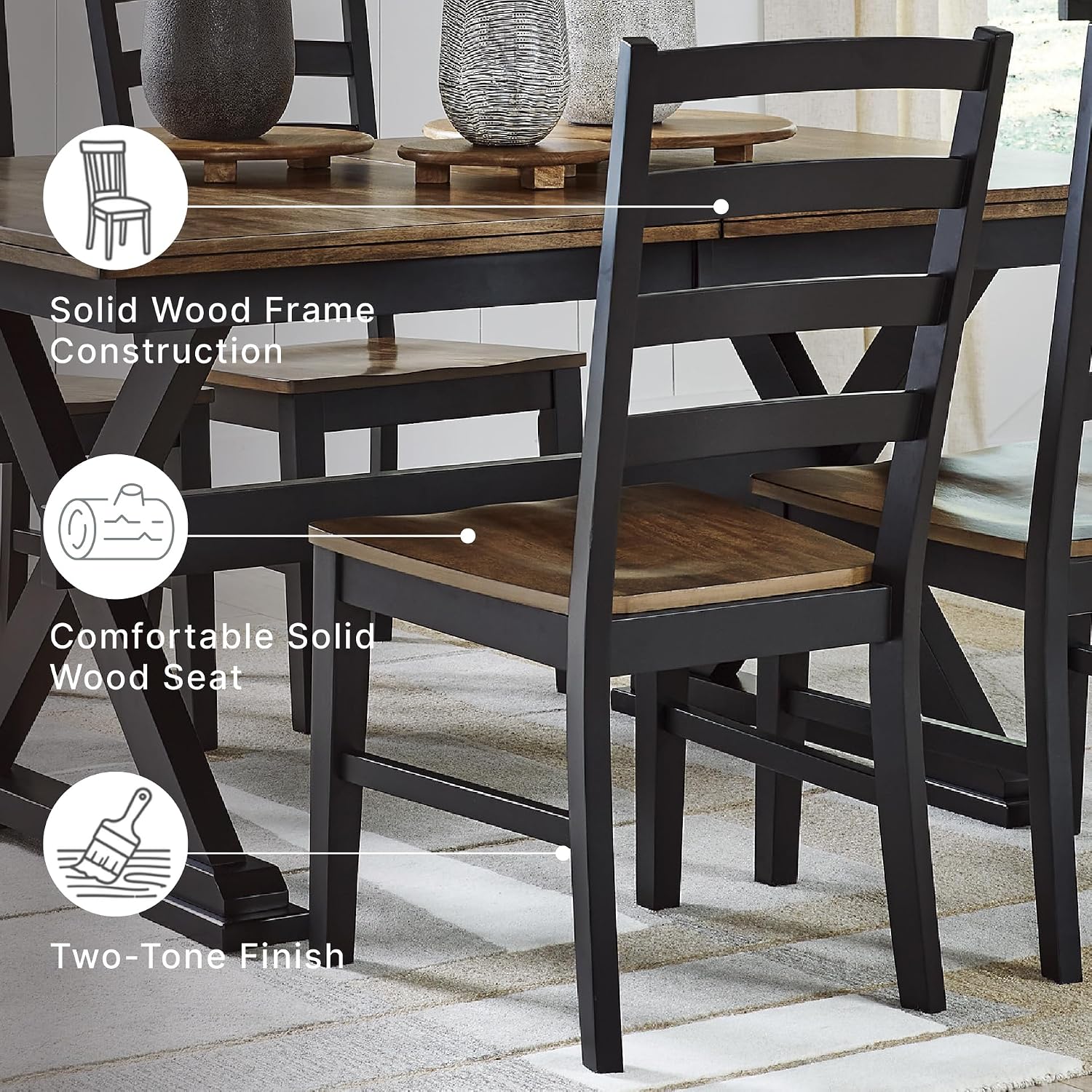 Signature Design By Ashley Wildenauer Dining Chairs Set Of 2, Modern Farmhouse Wood Side Chairs With Solid Wood Frame, Contoured Mango Veneer Seat, Casual Kitchen Seating, Black And Brown