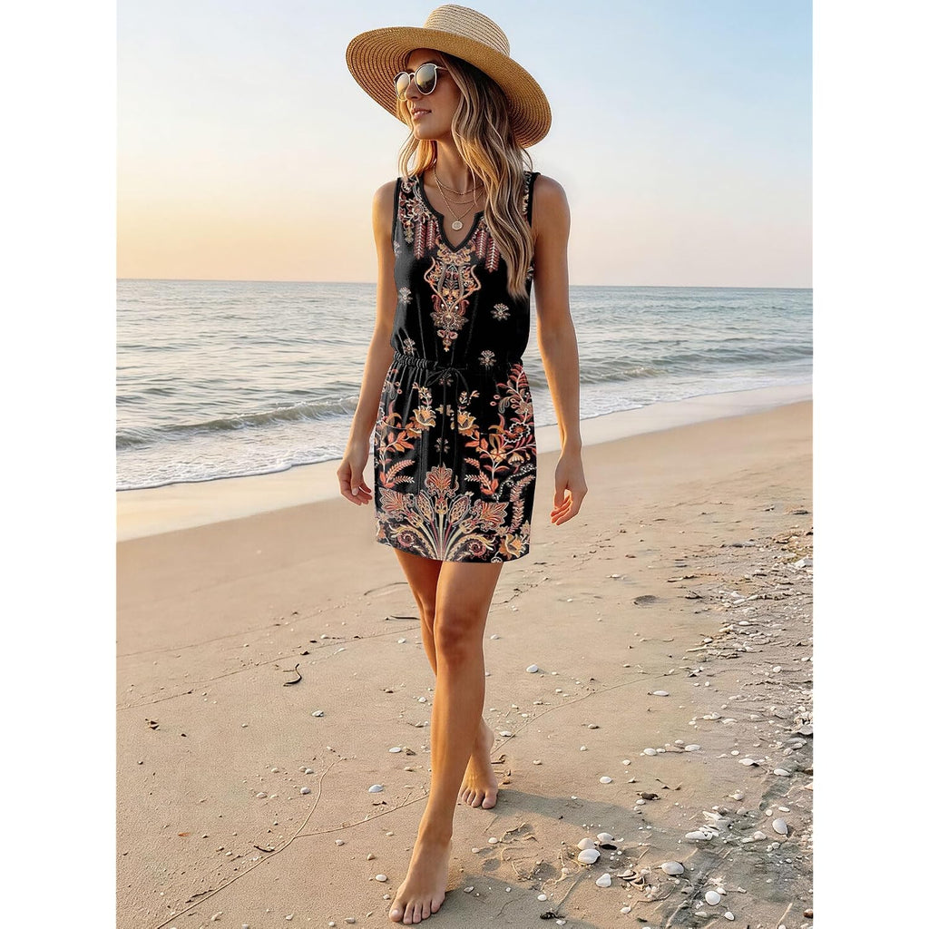 Saukole Womens Sleeveless T Shirt Dresses Casual Cute Floral Print Short Dress Summer Fashion Front Pockets
