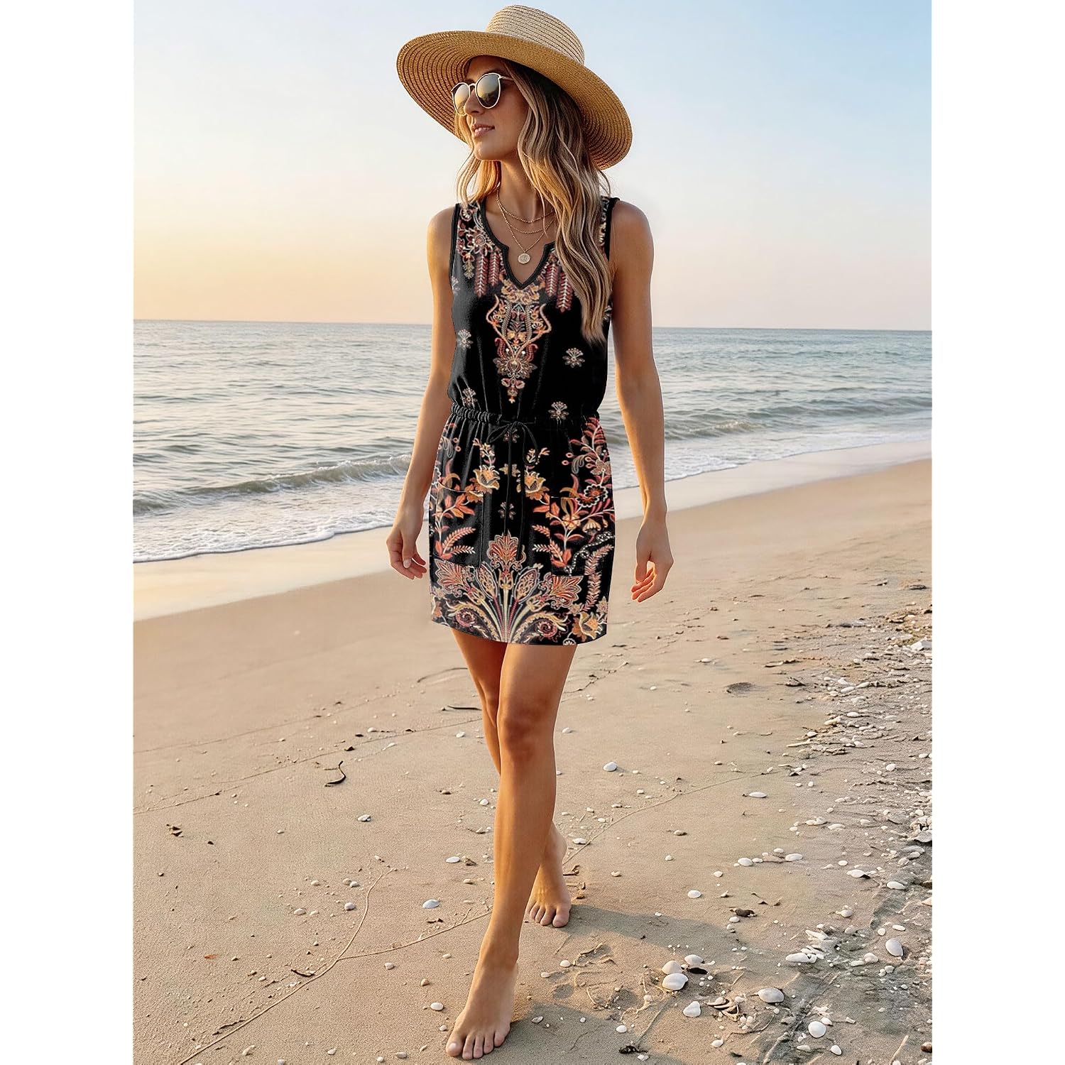 Saukole Womens Sleeveless T Shirt Dresses Casual Cute Floral Print Short Dress Summer Fashion Front Pockets