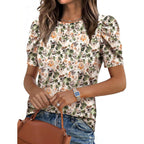 Zeagoo Blouse For Women Dressy Casual Puff Short Sleeve Boho Tops Fashion Floral Crew Neck Tunic Shirts Summer Clothes