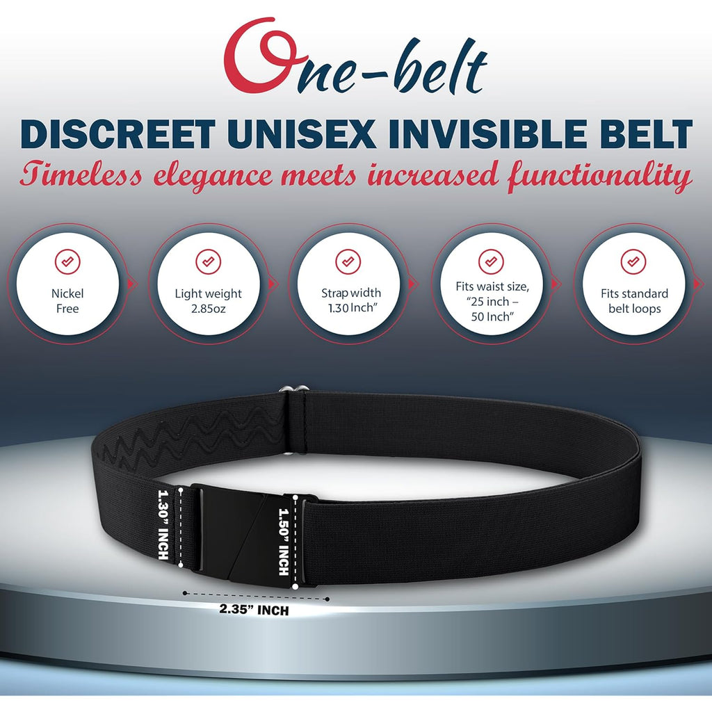ONE-BELT No Show Invisible Elastic Belts for Women & Men 1.30" inch adjustable Non Slip Zero Bulk. Designed in USA.