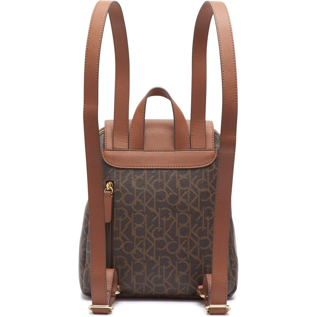 Calvin Klein Women's Elaine Signature Key Item Flap Backpack, Brown/Khaki/Luggage Saffiano, One Size