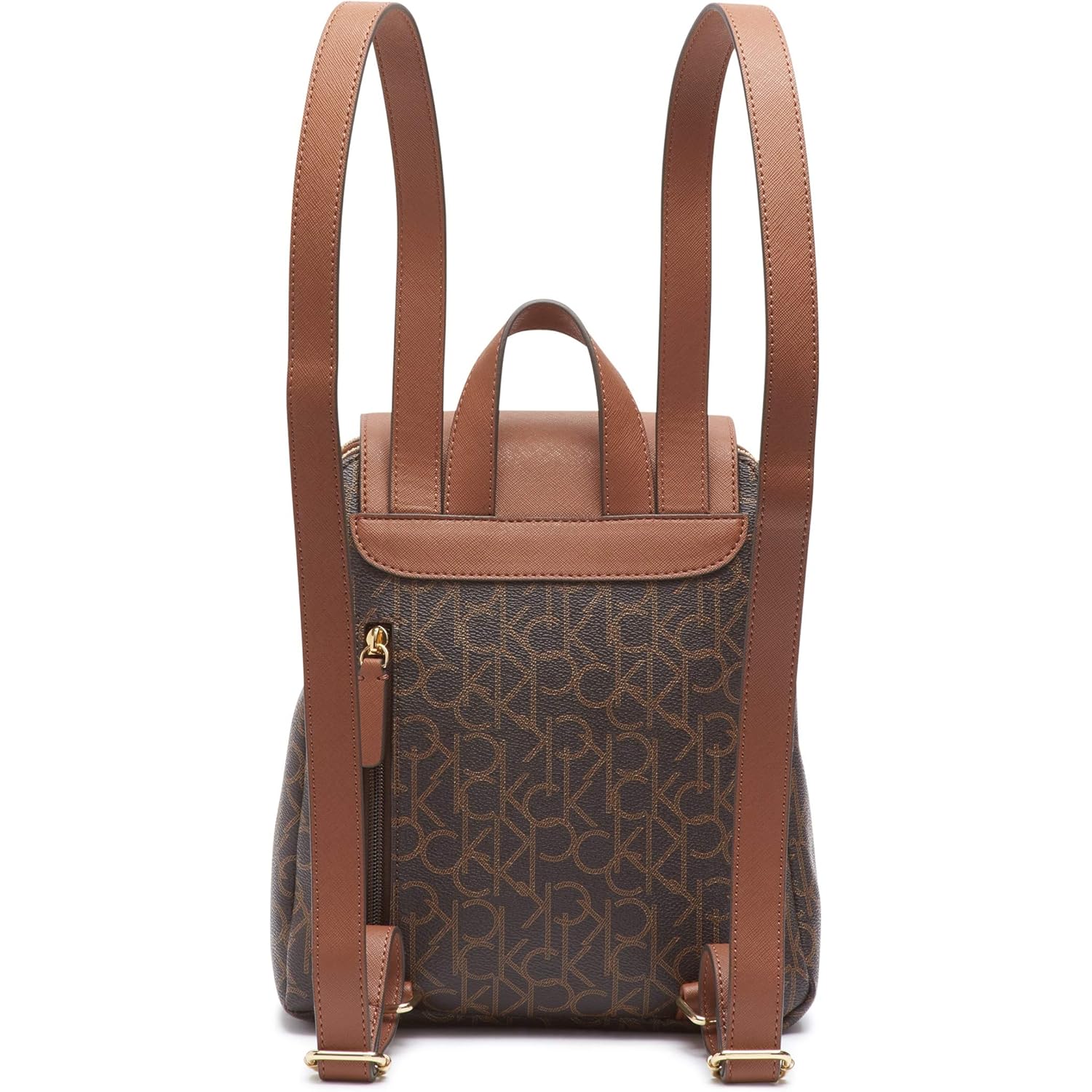 Calvin Klein Women's Elaine Signature Key Item Flap Backpack, Brown/Khaki/Luggage Saffiano, One Size
