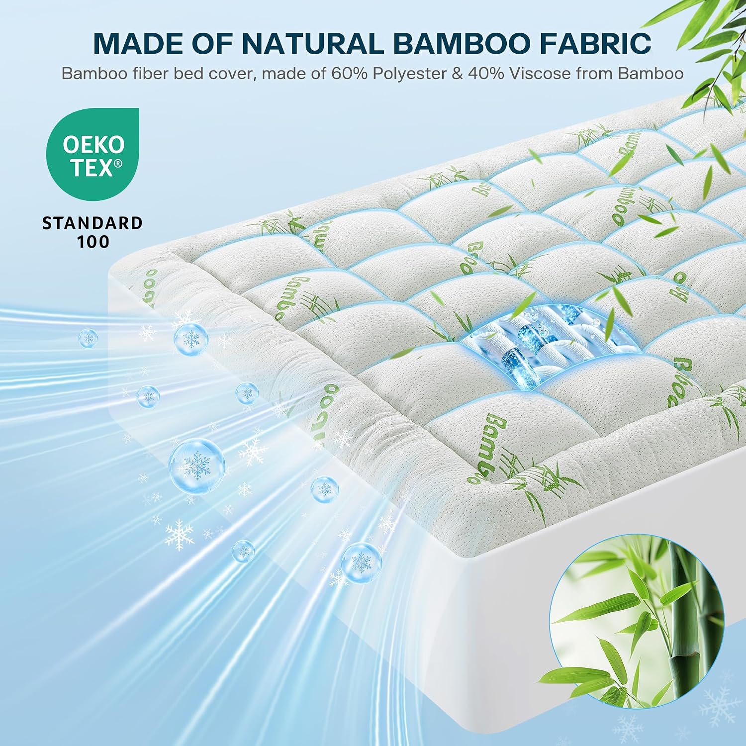 Waterproof Queen Size Mattress Topper Viscose Derived From Bamboo, Extra Thick Mattress Pad For Back Pain, Cooling Mattress Protector With Deep Pocket 8"-21", Green,Queen