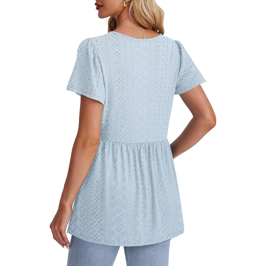 Ofeefan Womens Summer Tops Babydoll Short Sleeve Shirts Puff Sleeve Peplum Tops V Neck T Shirts