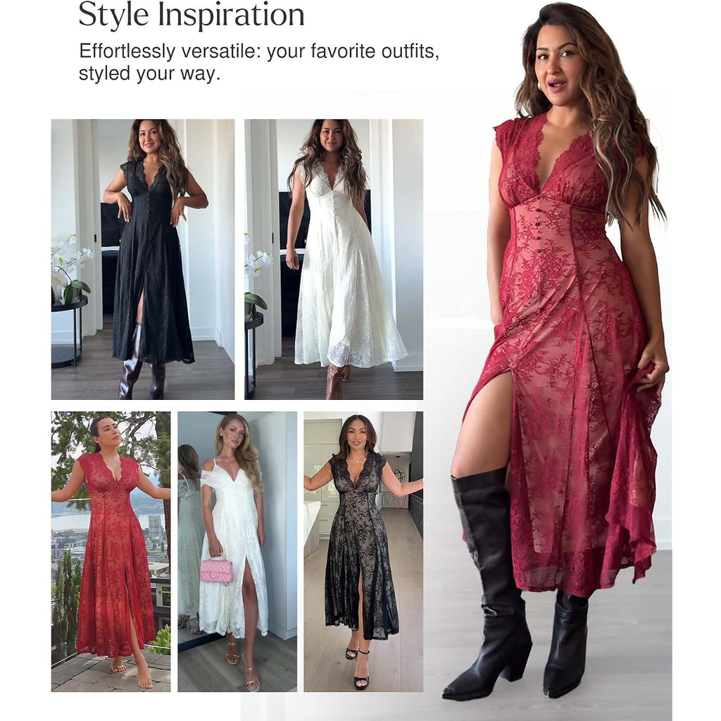 Popilush Women'S Lace Formal Cocktail Sleeveless V Neck Maxi Shapewear Dress Wedding Guest Mother Of Bride Split Dresses