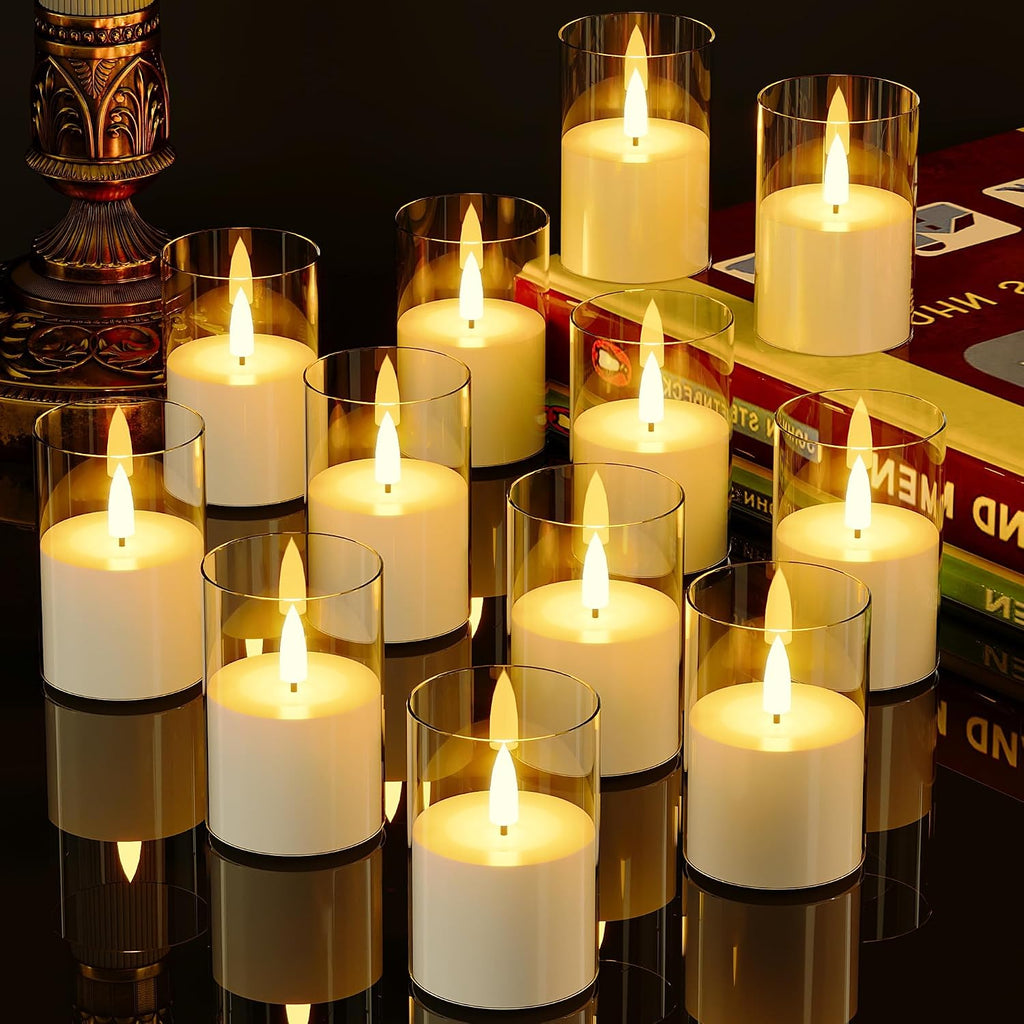 12Pack Flickering Flameless Led Candles With Timer, Battery Powered - Small Pillar & Votive, Clear (2"X3")