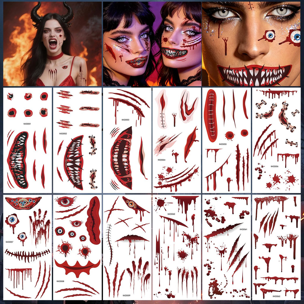 12 Sheets Zombie Wound Tattoos, Realistic Fake Scars&Blood Tattoos for Halloween Makeup, Waterproof Fake Wound Tattoos for Kids & Adults, Halloween Body Face Tattoos for Cosplay Party Zombie Makeup