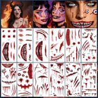 12 Sheets Zombie Wound Tattoos, Realistic Fake Scars&Blood Tattoos for Halloween Makeup, Waterproof Fake Wound Tattoos for Kids & Adults, Halloween Body Face Tattoos for Cosplay Party Zombie Makeup