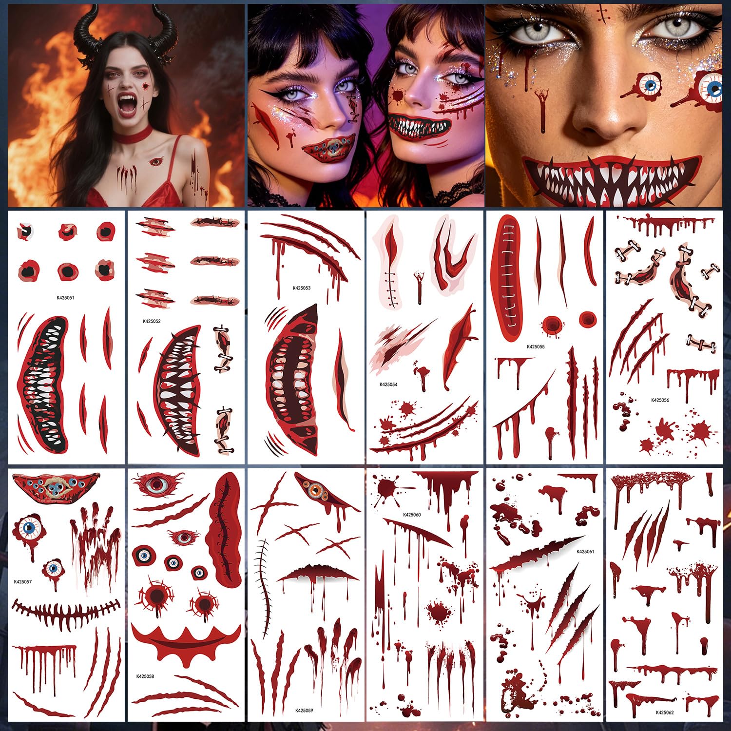 12 Sheets Zombie Wound Tattoos, Realistic Fake Scars&Blood Tattoos for Halloween Makeup, Waterproof Fake Wound Tattoos for Kids & Adults, Halloween Body Face Tattoos for Cosplay Party Zombie Makeup