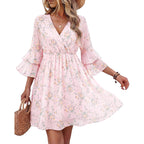 Bebonnie Womens 3/4 Ruffle Sleeve Spring Summer Casual V Neck Flowy Chiffon Layers Dresses