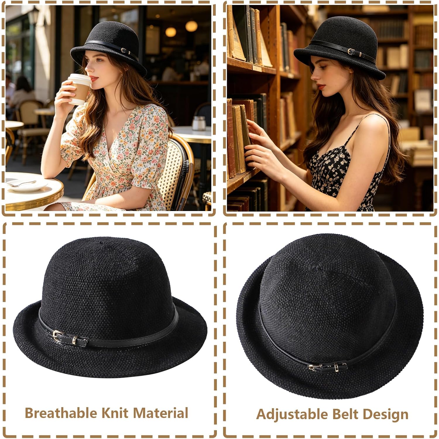 Women Straw Cloche Sun Hat Summer Church Hat 1920s Round Beach Bowler Bucket Hats Roll Brim Travel Caps Belt/Black