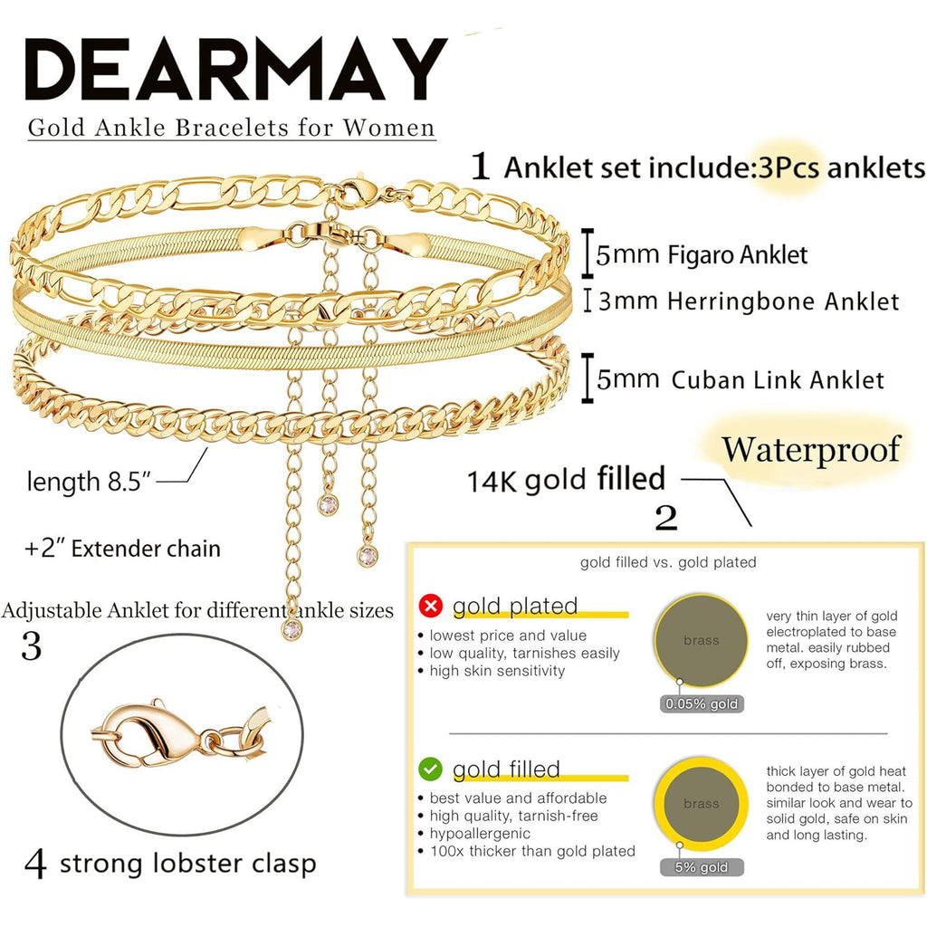 DEARMAY 14K Gold Plated Ankle Bracelets Set for Women Waterproof, Anklets for Women Cuban Link Layered Pack Jewelry Gift