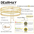 DEARMAY 14K Gold Plated Ankle Bracelets Set for Women Waterproof, Anklets for Women Cuban Link Layered Pack Jewelry Gift