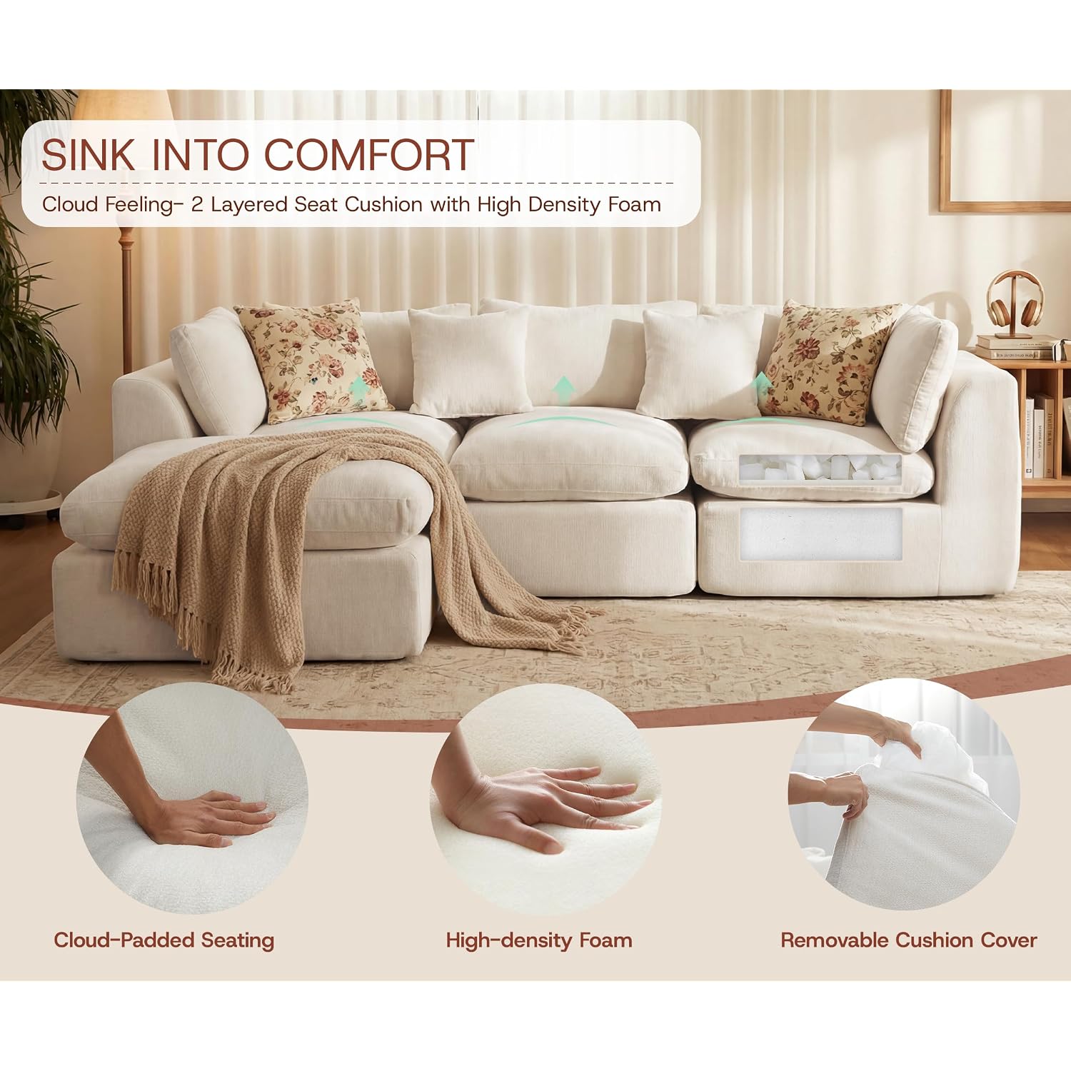 110'' Oversized Boneless Cloud Couch For Living Room, Modern Big Sectional Compressed L Shape Couch With Ottoman, Comfy Chenille Deep Seat Memory Foam Spineless 4 Seater Sofa, Beige