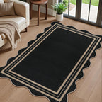 Scalloped Easy Jute 3x5 Outdoor Rug, Washable Rugs for Entryway Black Front Door Mat, Farmhouse Neutral Non Slip Indoor Carpet for Patio Living Room Backyard