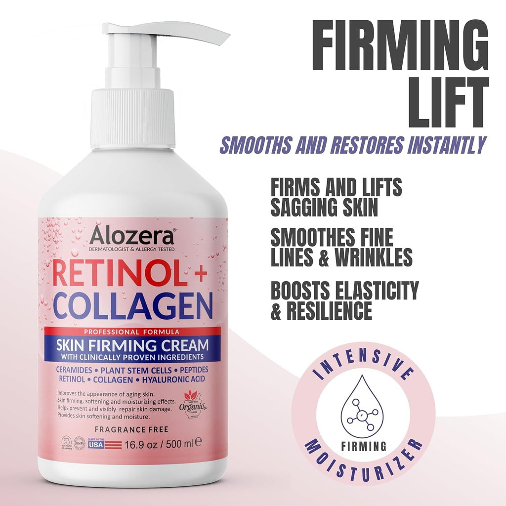 Alozera Firming Body Lotion, Retinol & Collagen Anti-Aging Body Moisturizer, Lightweight & Fast Absorbing Lotion For Crepey Skin, Improves Skin Elasticity, No Added Fragrance, 16.9 Oz