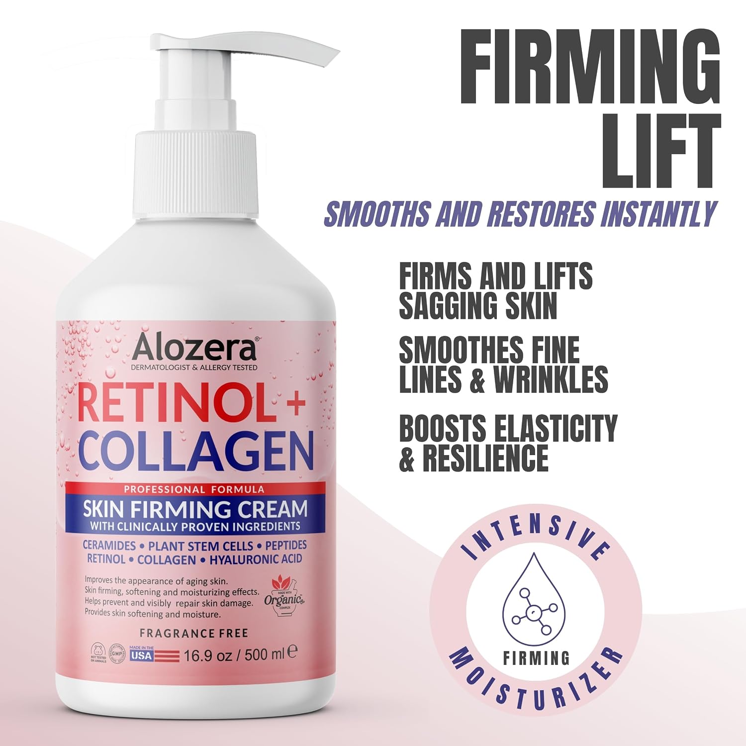 Alozera Firming Body Lotion, Retinol & Collagen Anti-Aging Body Moisturizer, Lightweight & Fast Absorbing Lotion For Crepey Skin, Improves Skin Elasticity, No Added Fragrance, 16.9 Oz