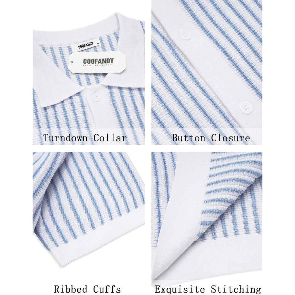 Coofandy Mens Knit Button Down Shirts Short Sleeve Polo Shirt Vintage Striped Casual Shirts