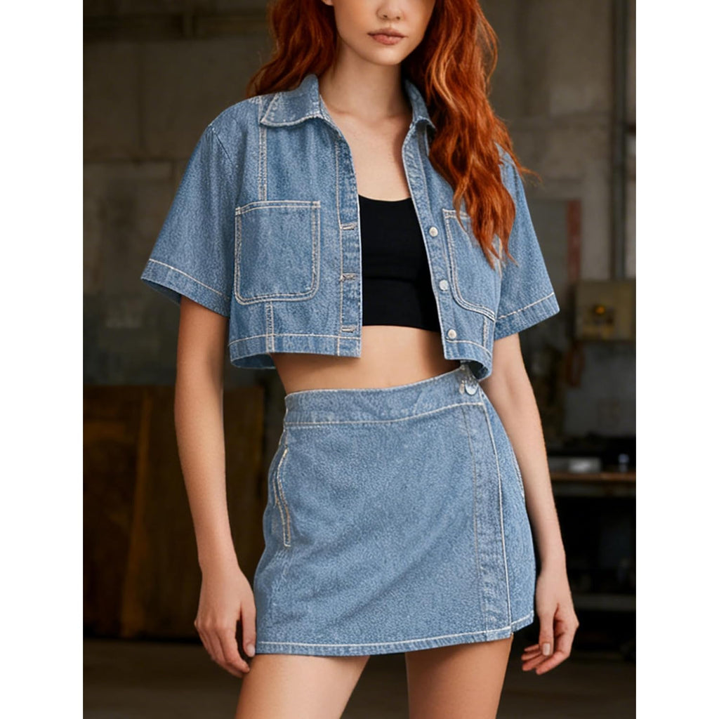 Women'S Denim Top, Short Sleeve Cropped Denim Jacket Button Down Casual Jean Jacket Shirt With Pocket
