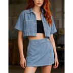 Women'S Denim Top, Short Sleeve Cropped Denim Jacket Button Down Casual Jean Jacket Shirt With Pocket