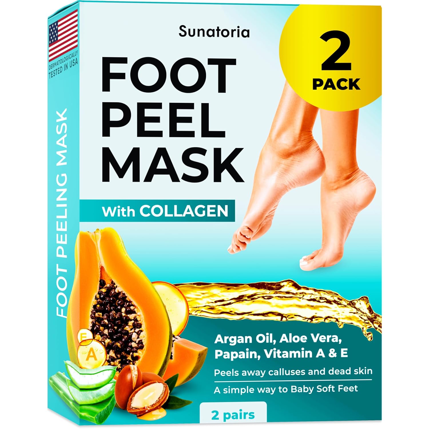 SUNATORIA Foot Peeling Mask (2 Pack) – Exfoliating Foot Mask for Dry Cracked Feet & Calluses – Baby Soft Touch Foot Peel Mask with Aloe Vera – Peeling Socks for Men & Women