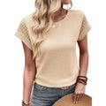 Dokotoo Womens Summer Tops 2026 Waffle Knit Lace Hollow Out Short Sleeve T-Shirts Crewneck Casual Loose Basic Tee Blouses