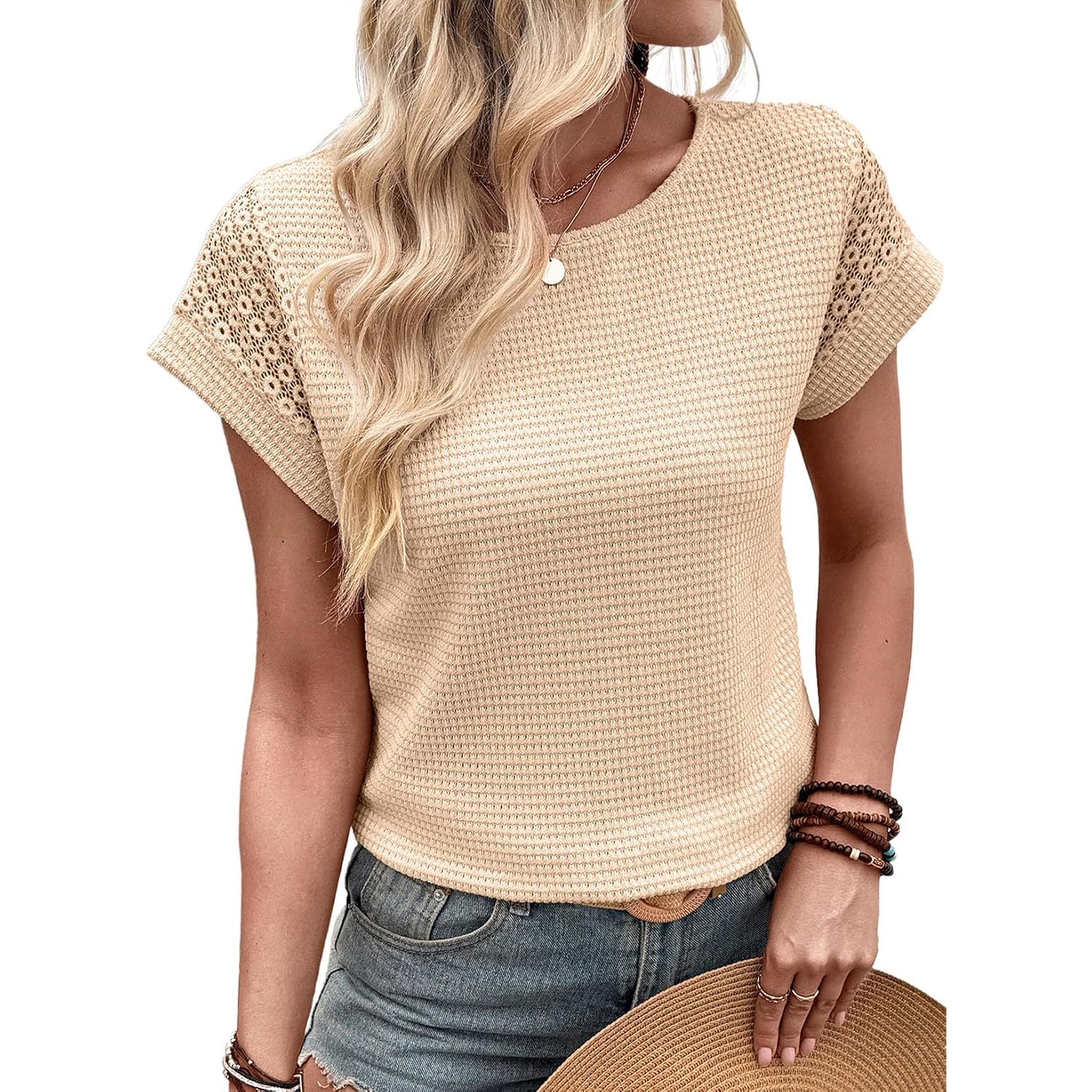 Dokotoo Womens Summer Tops 2026 Waffle Knit Lace Hollow Out Short Sleeve T-Shirts Crewneck Casual Loose Basic Tee Blouses