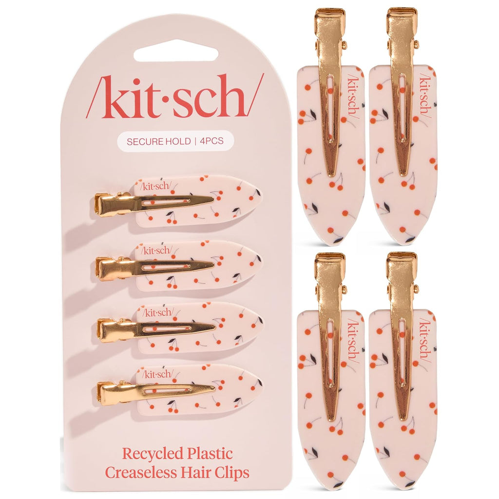 Kitsch Creaseless Hair Clips For Women - No Crease, No Bend Hair Clips For Styling, Bangs, Makeup Application, Face Wash - Recycled Acrylic - Cherry Print, 4Pcs