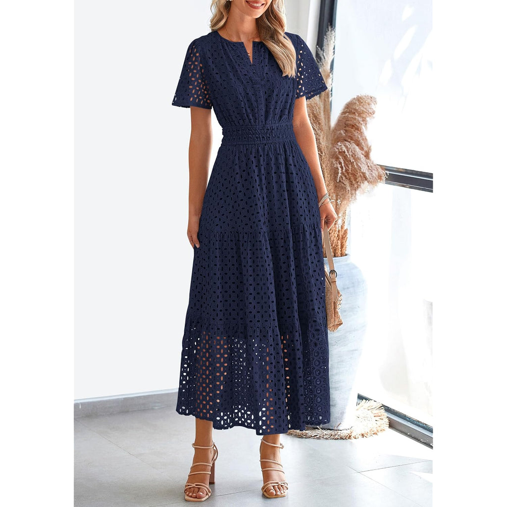 Prettygarden Womens 2026 Summer Maxi Dress Short Sleeve V Neck Hollow Out Eyelet A Line Long Flowy Beach Vacation Dresses