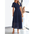 Prettygarden Womens 2026 Summer Maxi Dress Short Sleeve V Neck Hollow Out Eyelet A Line Long Flowy Beach Vacation Dresses