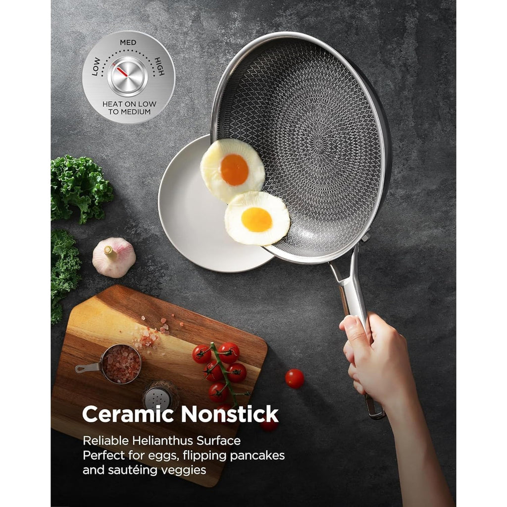 Frying Pans Non Stick, Hybrid Ceramic With Lid, 12 Inch Tri-Ply Stainless Steel Skillet, Non-Toxic, PFAS/PFOA/PTFE Free, Metal Utensil Safe, Dishwasher & Oven Safe